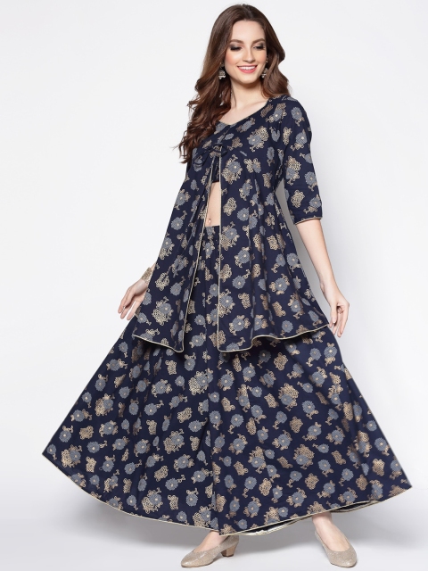 

Sera Women Navy Blue Ethnic Motifs Printed High Slit Pure Cotton Kurta with Palazzos