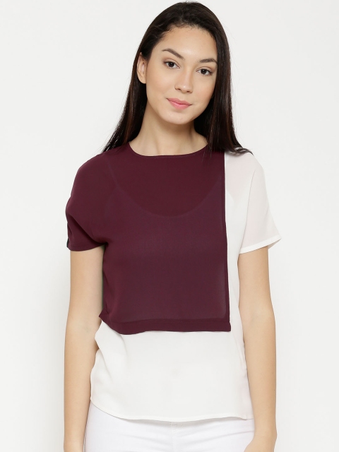 

Vero Moda Women White & Burgundy Colourblocked Top