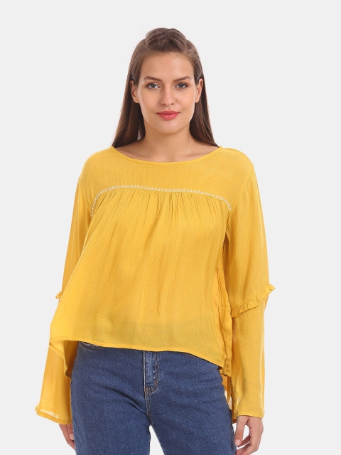 

Bronz Yellow Bell Sleeves A-Line Top