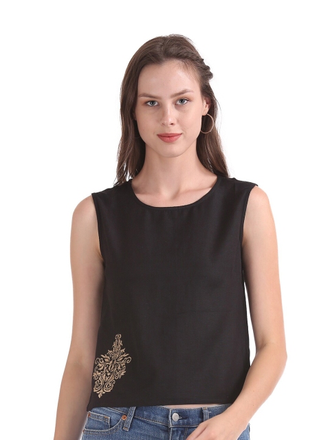 

Bronz Black & Gold-Toned Embroidered Top
