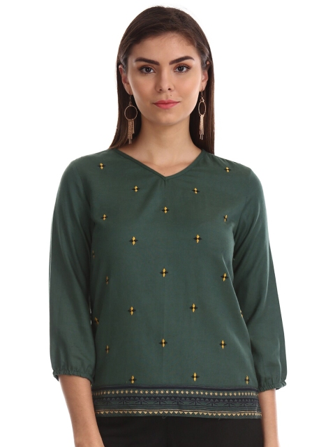 

Bronz Green Embroidered Regular Top