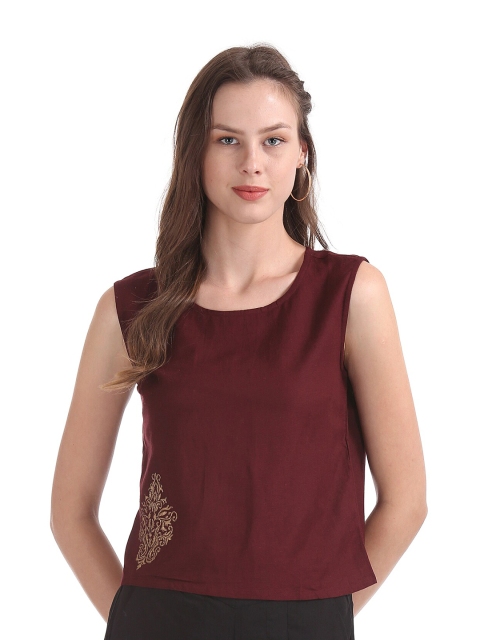 

Bronz Women Red Embroidered Regular Top