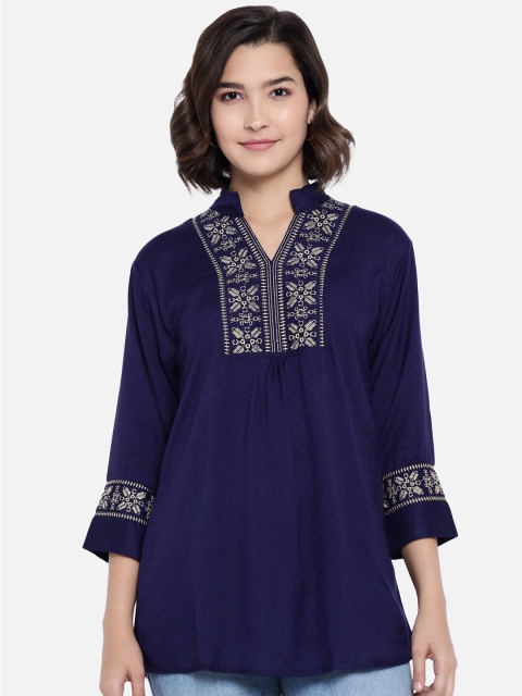

Purple Feather Navy Blue Mandarin Collar Embroidered Detail Longline Top