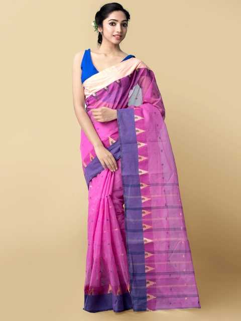 

Unnati Silks Women Pink & Blue Pure Handloom Bengal Tant Cotton Sustainable Saree