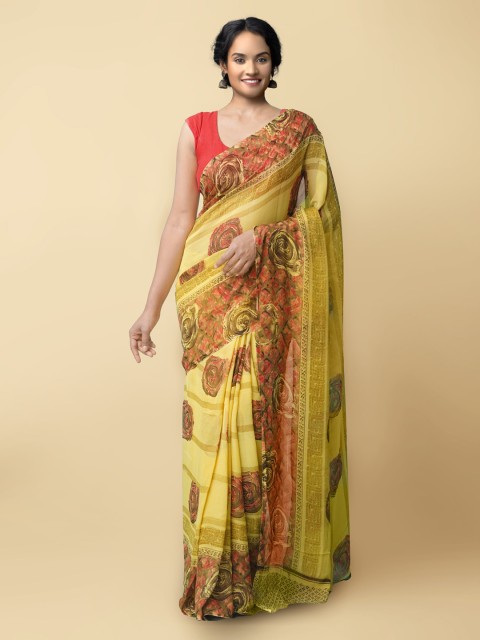 

Unnati Silks Yellow & Red Floral Block Print Saree