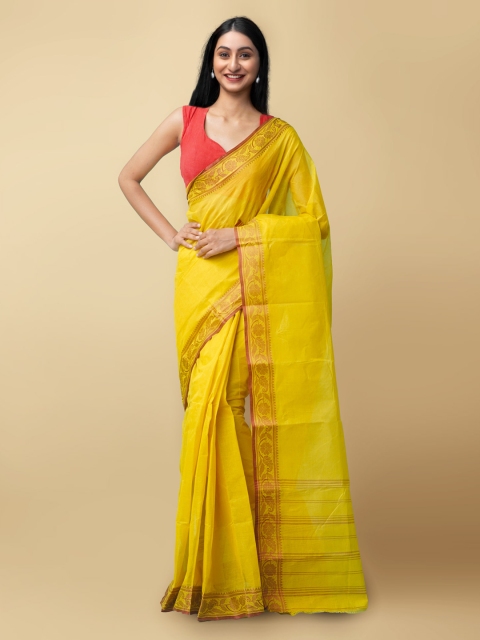 

Unnati Silks Yellow & Red Pure Cotton Taant Saree