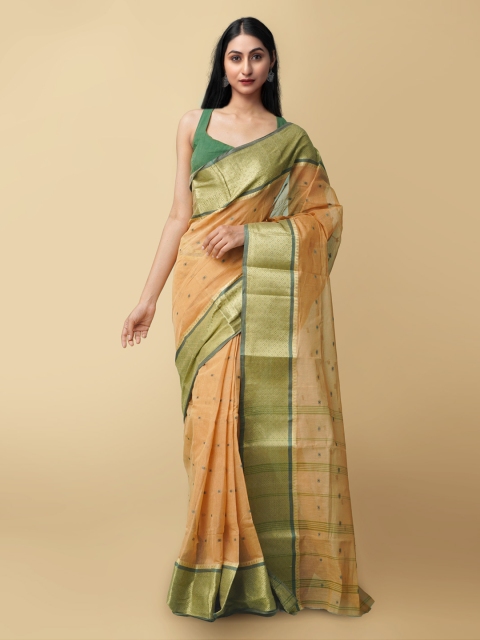 

Unnati Silks Brown & Green Pure Cotton Taant Saree