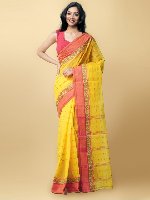

Unnati Silks Women Yellow & Red Pure Handloom Bengal Tant Cotton Sustainable Saree