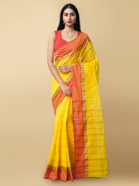 

Unnati Silks Women Yellow & Red Pure Handloom Bengal Tant Cotton Sustainable Saree