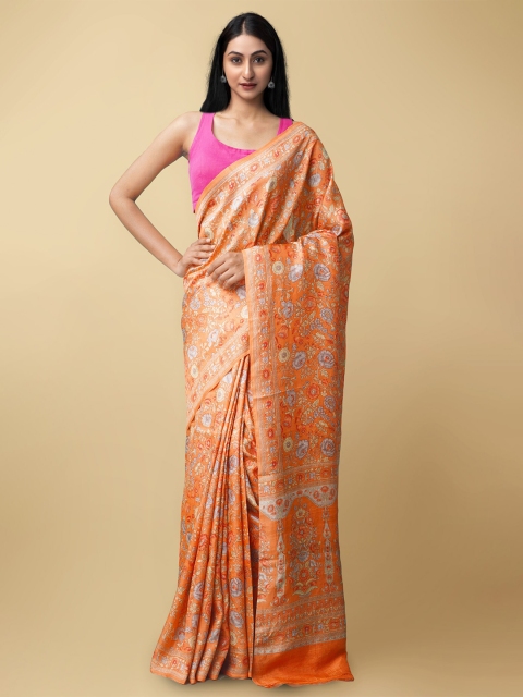 

Unnati Silks Orange & Beige Floral Pure Silk Baluchari Saree