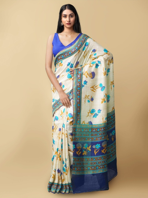 

Unnati Silks Women Cream-Coloured & Blue Pure Handloom Bangalore Silk Sustainable Saree