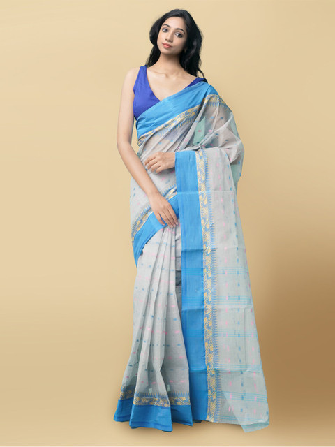 

Unnati Silks Women Grey & Blue Pure Handloom Bengal Tant Cotton Sustainable Saree