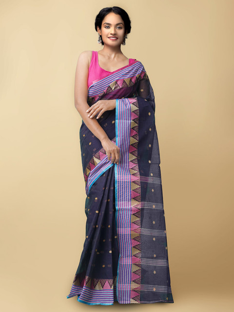 

Unnati Silks Navy Blue & Pink Pure Cotton Taant Saree