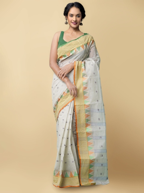 

Unnati Silks Women Grey & Orange Pure Handloom Bengal Tant Cotton Sustainable Saree