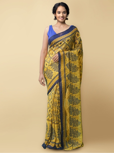 

Unnati Silks Women Yellow & Navy Blue Printed Georgette Saree