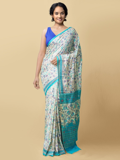 

Unnati Silks Cream-Coloured & Blue Floral Art Crepe Saree