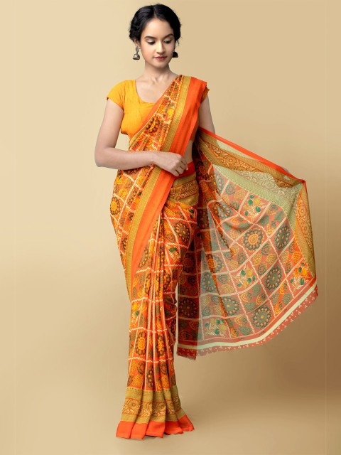 

Unnati Silks Women Orange & Green Printed Art Chiffon Saree