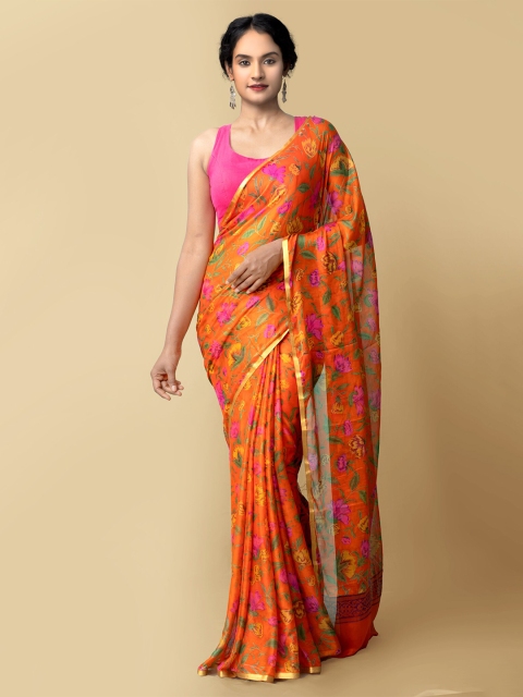 

Unnati Silks Women Orange & Green Printed Art Chiffon Saree