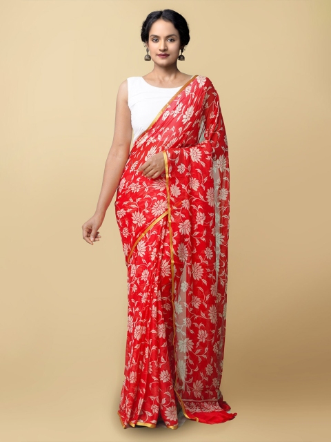 

Unnati Silks Red & White Floral Block Print Saree