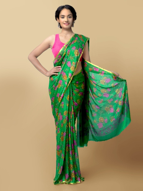 

Unnati Silks Green & Pink Floral Block Print Saree