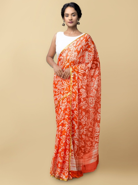 

Unnati Silks Orange & White Floral Block Print Saree