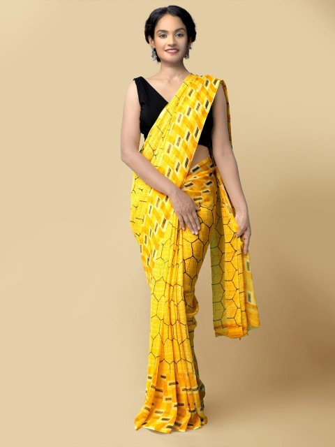 

Unnati Silks Women Yellow & Black Printed Art Chiffon Saree