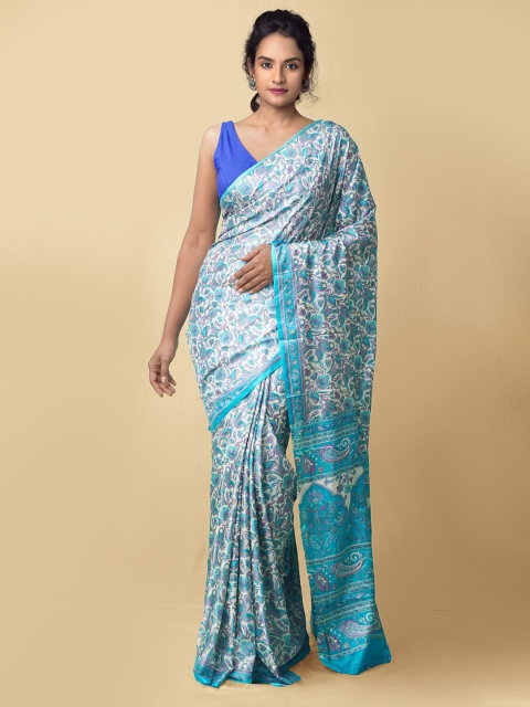 

Unnati Silks Women Cream-Coloured & Blue Printed Art Crepe Silk Saree