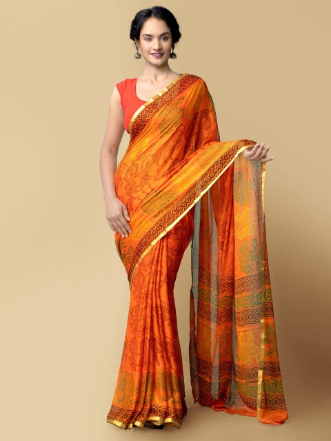 

Unnati Silks Women Orange & Brown Printed Art Chiffon Saree