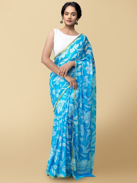 

Unnati Silks Blue & White Floral Printed Block Print Saree