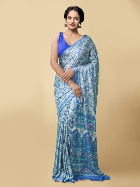 

Unnati Silks Cream-Coloured & Blue Paisley Block Print Saree
