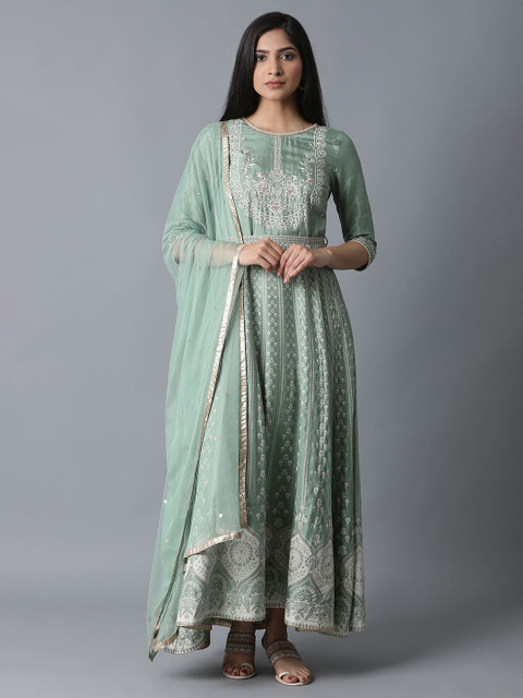 

WISHFUL Green & White Ethnic Motifs Ethnic Maxi Dress With Dupatta
