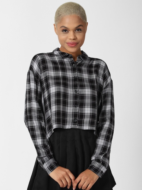 

FOREVER 21 Women Black Tartan Checks Opaque Checked Casual Shirt