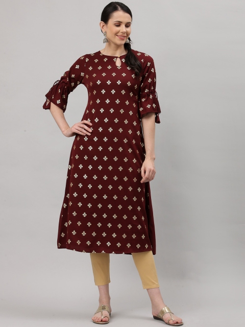 

ALC Creations Women Maroon Ethnic Motifs Printed Bell Sleeves Floral Crepe Kurta