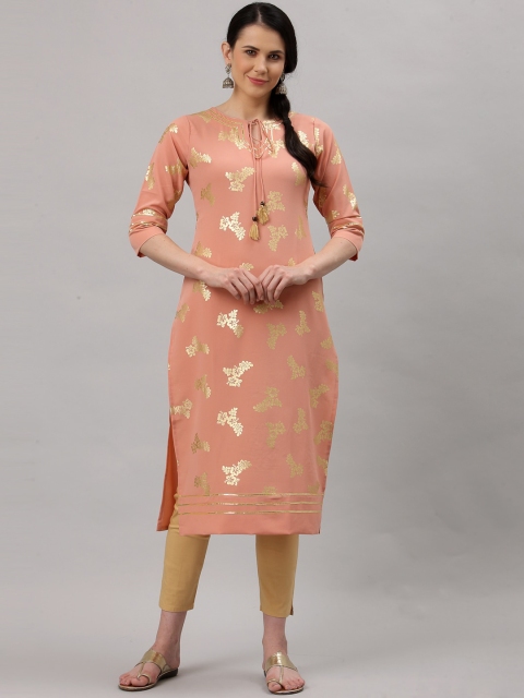 

ALC Creations Women Orange Quirky Embellished Thread Work Crepe Kurta