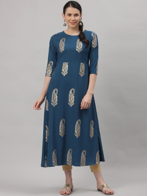 

ALC Creations Women Teal Foil Printed Ethnic Motifs Crepe Kurta