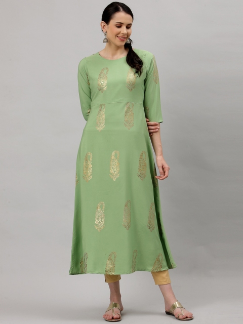 

ALC Creations Women Green Extended Sleeves Thread Work Crepe Kurta