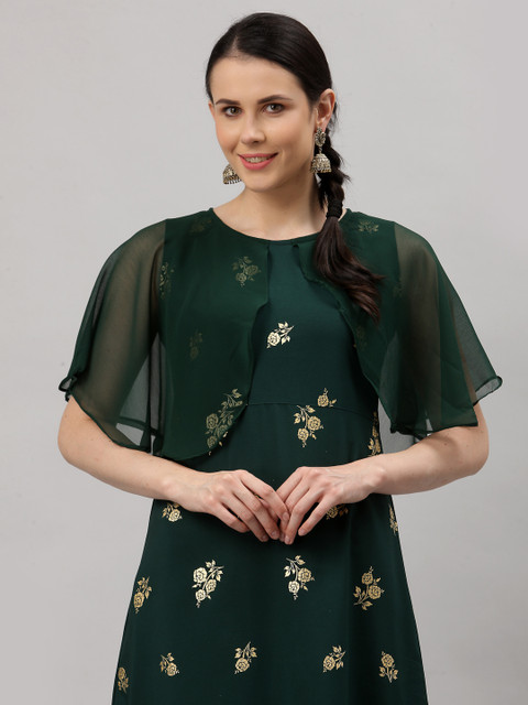 

ALC Creations Women Green Floral Printed Flared Sleeves Crepe Kurta
