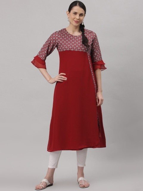 

ALC Creations Women Maroon Geometric Yoke Design Flared Sleeves Thread Work Floral Crepe Kurta