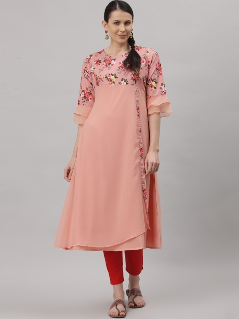 

ALC Creations Women Orange Floral Yoke Design Thread Work Floral Crepe Kurta