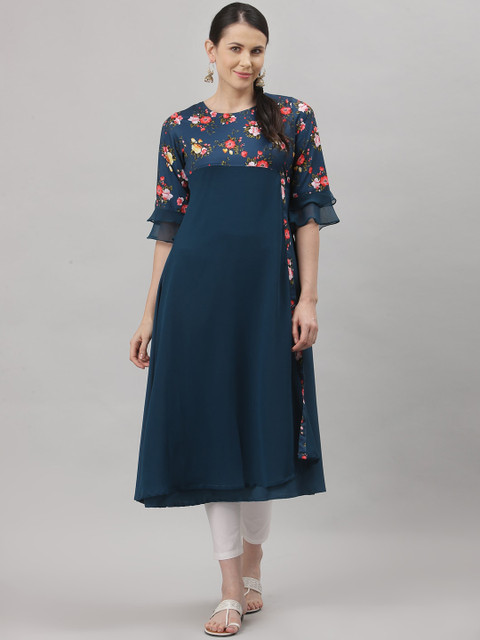 

ALC Creations Women Blue & Pink Floral Yoke Design Bell Sleeves Floral Crepe Kurta