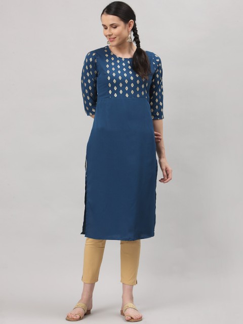 

ALC Creations Women Blue Geometric Yoke Design Crepe Pathani Kurta