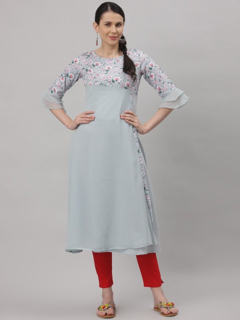 

ALC Creations Women Aqua Blue Floral Printed Bell Sleeves Floral Crepe Kurta