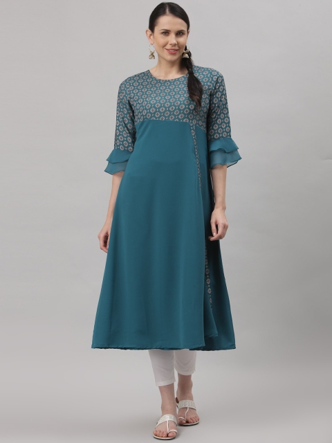 

ALC Creations Women Turquoise Blue Yoke Design Crepe Anarkali Kurta