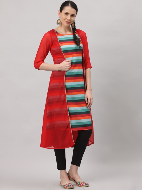 

ALC Creations Women Red & Green Striped Layered Kurta