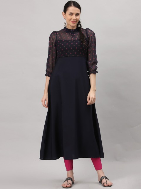 

ALC Creations Women Navy Blue Geometric Yoke Design Thread Work Crepe Anarkali Kurta
