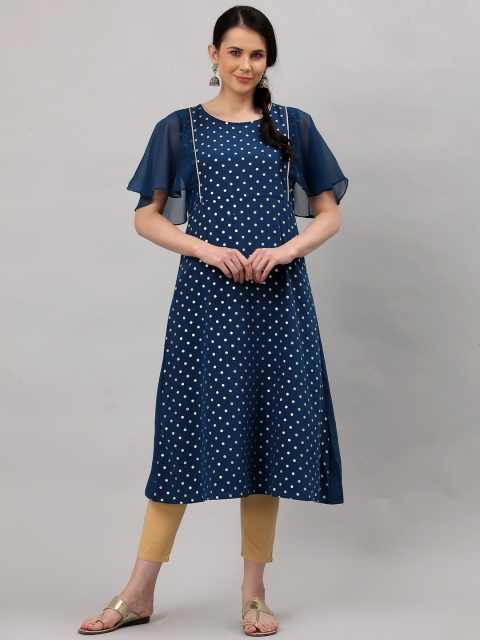 

ALC Creations Women Blue & Gold-Toned Printed Flared Sleeves Thread Work Crepe Kurta