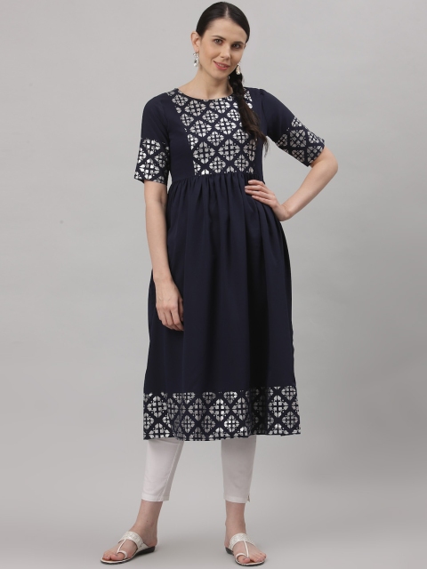 

ALC Creations Women Navy Blue Ethnic Motifs Yoke Design Thread Work Crepe Kurta