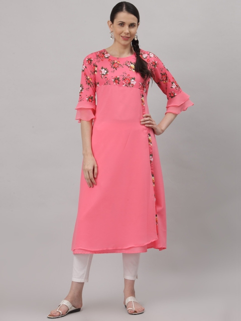 

ALC Creations Women Pink Geometric Embroidered Flared Sleeves Floral Crepe Kurta