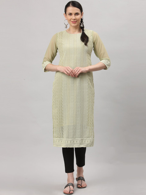 

ALC Creations Women Green Embroidered Thread Work Pastels Georgette Kurta