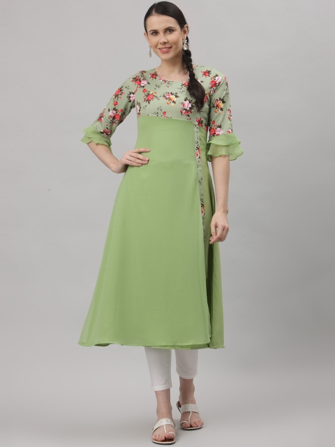 

ALC Creations Women Green & Pink Floral Yoke Design Thread Work Floral Crepe Kurta